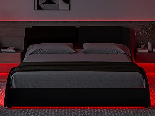 DICTAC Queen Led Bed Frame Modern Faux Leather Upholstered Platform Bed Frame with RGB LED Lights and Headboard Wave Like Curve Low Profile Bed Frame,Wood Slats Support,Easy Assembly,Black