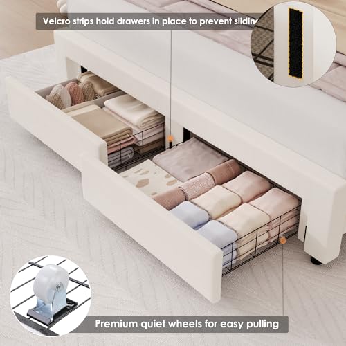 HIFIT Queen Upholstered Smart LED Bed Frame with 2 Storage Drawers & Adjustable Chic Double Petal Headboard, Velvet Princess Platform Bed with Solid Wood Slat/No Box Spring Needed/Easy Assembly, Beige
