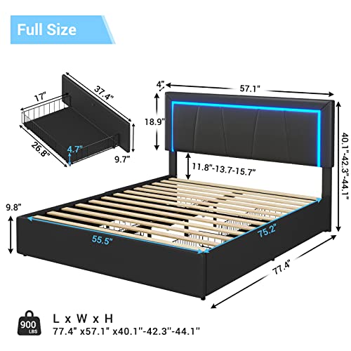 DICTAC Full LED Bed Frame with 4 Drawers and USB Ports Modern Faux Leather Upholstered Platform Bed Frame with Storage and Smart RGB LED Headboard with 3 Side Lights Strip, No Box Spring Needed,Black