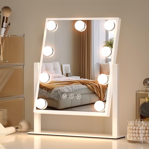 SVIOBY Tabletop Mount Vanity Mirror with Lights Makeup Mirror with with 9 LED Lights Smart Touch Control 3 Colors Light 360° Rotation (White)