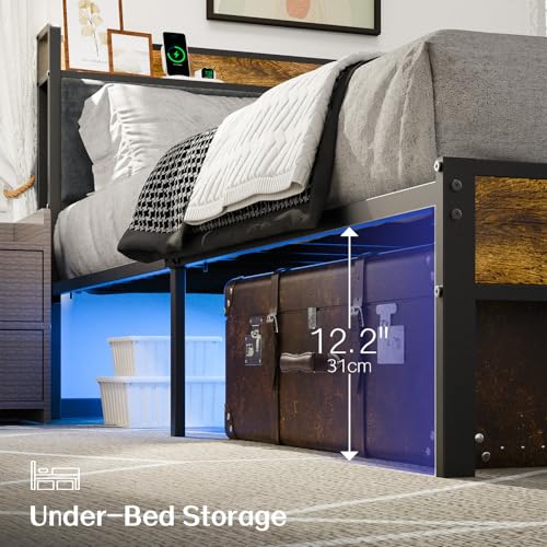 Queen Bed Frame with Headboard, Queen Size Metal Platform Bed with Smart LED Lights and USB Charging Station, Easy Assembly, No Box Spring Needed