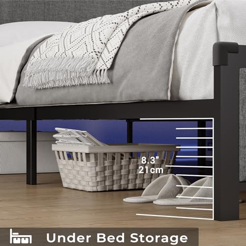 ADORNEVE King Size Bed Frame with LED Lights Headboard, Upholstered Platform Bed with Charging Station, LED Bed Frame with Storage Headboard, Upgraded 2-Row Mid-Beams, Noise-Free, Dark Grey