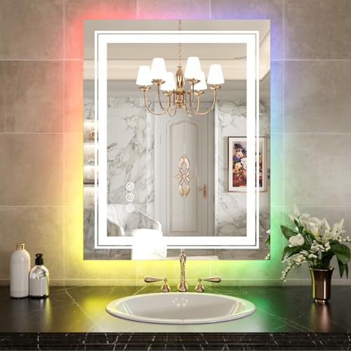WTTY RGB LED Bathroom Mirror 28"x36" with Backlit and 3 Front Light,Stepless Dimmable LED Mirror for Bathroom,Lighted Bathroom Vanity Mirror for Wall,Anti-Fog,Memory Function,Shatter-Proof