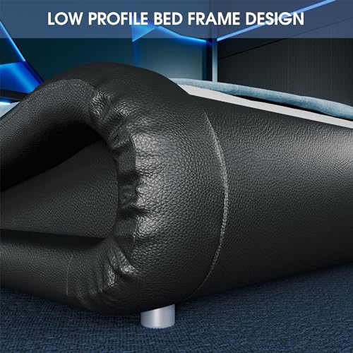 WEEWAY Modern Queen bed frame with RGBW LED Lights Headboard, Low Profile Upholstered Platform Sleigh Design, Strong Wood Slats Support, No Box Spring Needed, Black