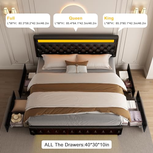 Queen Led Bed Frame with 4 Storage Drawers, with Smart Control RGBW LED Lights Headboard Footboard, Control DIY Color, Box Spring Optional, PU Leather Black