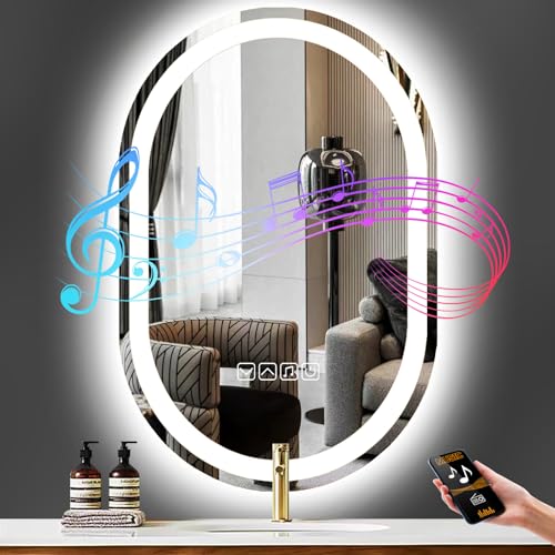 DIDIDADA 32 x 20 Inch Bluetooth LED Oval Mirror with Lights Bluetooth Speaker Music Oval Lighted Mirror for Bathroom Wall Oval Light Vanity Mirror AntiFog 3 Color 20 x 32 Oval Light up Smart Mirror