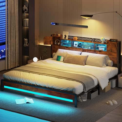 CSZZD King Size Bed Frame and Storage Headboard, LED Bed Frame with USB Charging Station, Metal Platform Bed Frame King with Hidden Storage Space, No Box Spring Needed, Vintage Brown