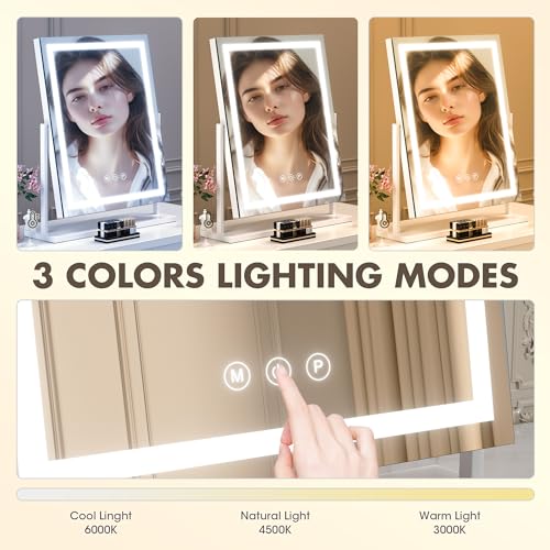 Hasipu Vanity Mirror with Lights, 14" x 18" LED Makeup Mirror, Lightup Mirror with Smart Touch 3 Color Modes and Brightness Adjustment, 10X Magnifying Glass,360° Rotation