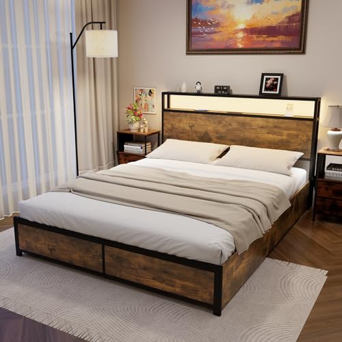 Giantex Queen Bed Frame with LED Lights Headboard and 4 Storage Drawers, Metal Platform Bed with Outlets and USB Ports Charging Station, Smart LED Bed Frame, Easy Assembly, No Box Spring Needed