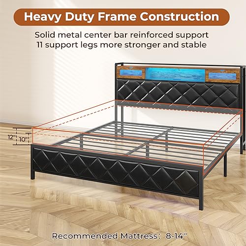 DICTAC King Size Metal Bed Frame with Headboard and Charging Station, King Platform Bed Frame with Led Lights and Storage, Heavy Duty Metal Slats, No Box Spring Needed, Noise Free, Easy Assembly,Black