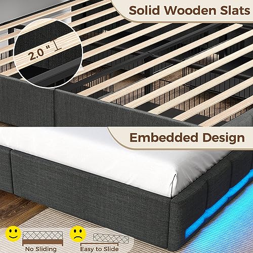 Rolanstar Full Size Bed Frame with LED Lights and Charging Station, Upholstered Bed Storage Headboard & Drawers, Heavy Duty Wood Slats, Easy Assembly