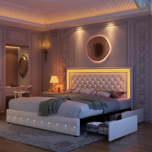 Full LED Bed Frame with 4 Storage Drawers Adjustable Headboard with Smart Control RGBW LED, Whisper-Quiet Design, Upholstered Bed Wood Slats Support, No Box Spring Needed, Velvet Cream