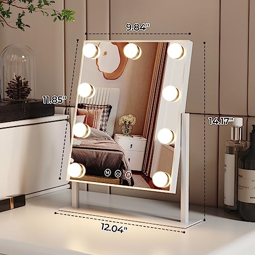 SVIOBY Tabletop Mount Vanity Mirror with Lights Makeup Mirror with with 9 LED Lights Smart Touch Control 3 Colors Light 360° Rotation (White)
