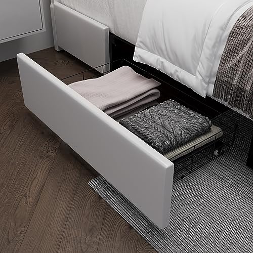 Keyluv King Size Upholstered Platform Bed Frame with RGB LED Lights, 2 Drawers, USB Charging Ports, No Box Spring Needed
