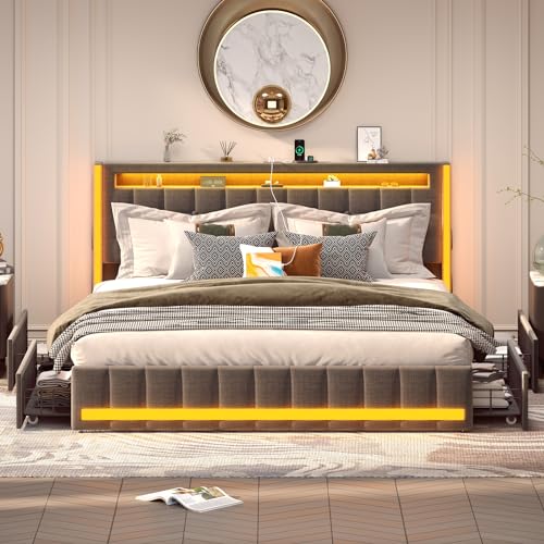 CSZZD Queen Bed Frame with 4 Storage Drawers & LED Lights, Light up Upholstered Platform Bed Frame Queen Size with Charging Station & Adjustable Headboard, No Noise, No Box Spring Needed, Dark Grey