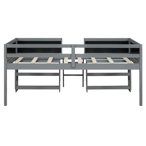 Twin Size Low loft Bed with Movable Shelves for Kids,Kids Low Loft Bed Frame with Guardrail Chalkboard and Storage,Solid Wood Loft Bed Twin for Boys,Girls(Gray)