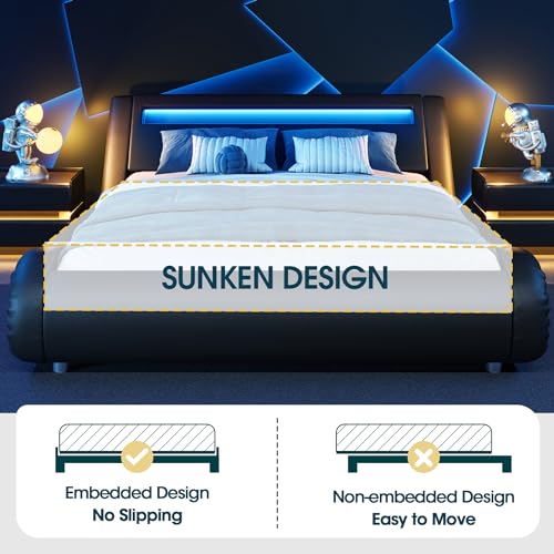 WEEWAY Modern Queen bed frame with RGBW LED Lights Headboard, Low Profile Upholstered Platform Sleigh Design, Strong Wood Slats Support, No Box Spring Needed, Black