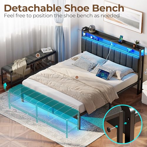 Rolanstar Full Bed Frame with Charging Station & LED Lights, Upholstered Headboard with Storage Shelves, Heavy Duty Metal Slats, No Box Spring Needed, Easy Assembly,Grey