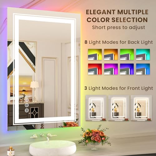 WTTY RGB LED Bathroom Mirror 28"x36" with Backlit and 3 Front Light,Stepless Dimmable LED Mirror for Bathroom,Lighted Bathroom Vanity Mirror for Wall,Anti-Fog,Memory Function,Shatter-Proof