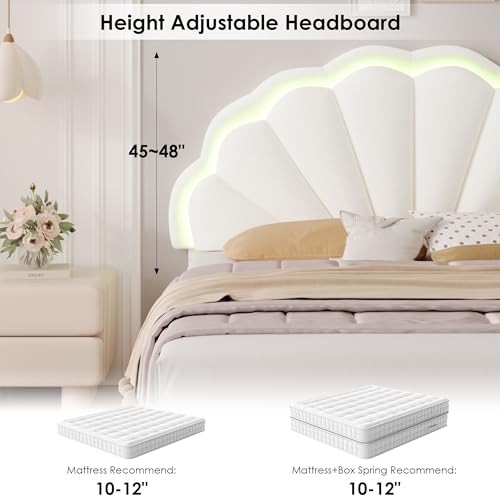 HIFIT Queen Upholstered Smart LED Bed Frame with 2 Storage Drawers & Adjustable Chic Double Petal Headboard, Velvet Princess Platform Bed with Solid Wood Slat/No Box Spring Needed/Easy Assembly, Beige