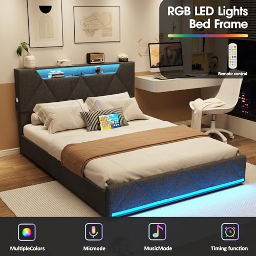 Vabches Queen Bed Frame with Storage Headboard and 4 Drawers,Upholstered Platform with Charging Station and Led Lights,Adjustable Headboard,No Box Spring Needed,Dark Grey