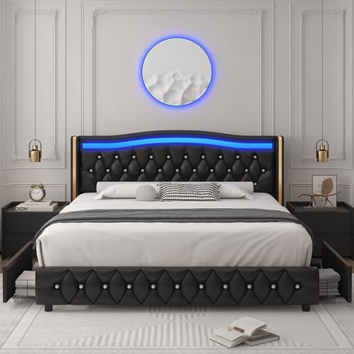 HIFIT King Smart LED Platform Bed Frame with 4 Storage Drawers, Crystal Button-Tufted & Stainless Gold Trim Wingback Headboard, Modern PU Upholstered Black No Box Spring Needed/Easy Assembly