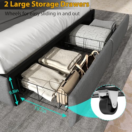 Queen Size Bed Frame with Storage Headboard, Upholstered Platform Bed Frame with RGB LED Lights, 2 Drawers, Charging Station, Heavy Metal Slats Support, No Box Spring Needed, Easy Assembly, Gray