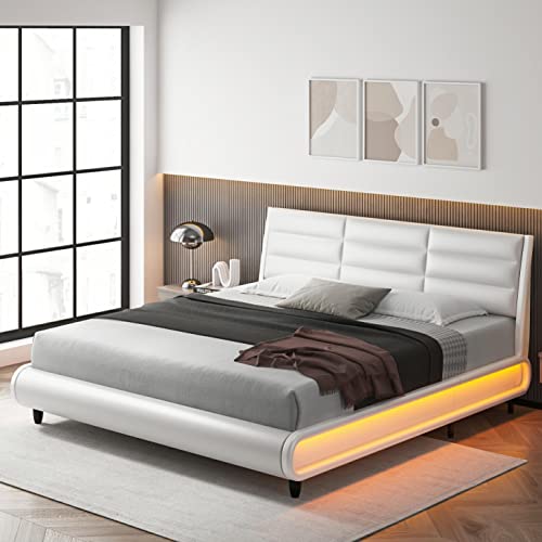 HOSTACK Upholstered Bed Frame with Smart LED, PU Low Profile Sleigh Platform Bed with Adjustable Headboard, Modern Mattress Foundation with Wood Slats, Lights Sync With Music (White, Queen Size)