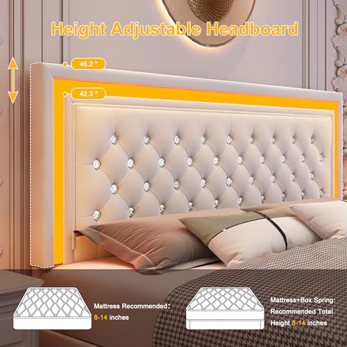 Full LED Bed Frame with 4 Storage Drawers Adjustable Headboard with Smart Control RGBW LED, Whisper-Quiet Design, Upholstered Bed Wood Slats Support, No Box Spring Needed, Velvet Cream