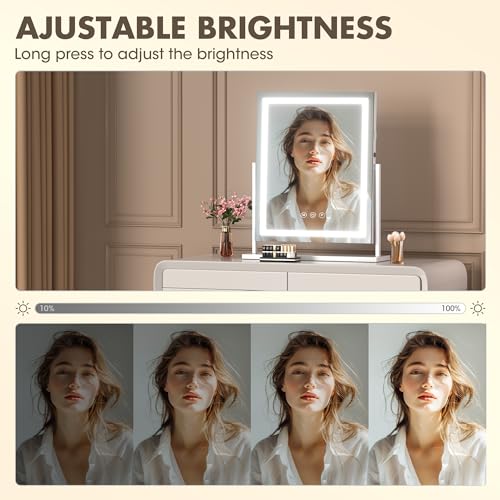 Hasipu Vanity Mirror with Lights, 14" x 18" LED Makeup Mirror, Lightup Mirror with Smart Touch 3 Color Modes and Brightness Adjustment, 10X Magnifying Glass,360° Rotation
