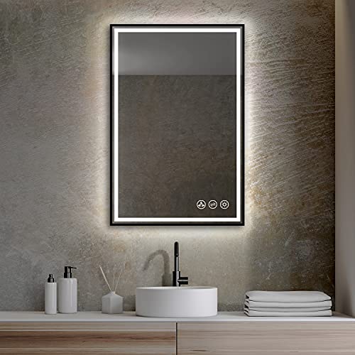 24”x36 Led Bathroom Mirror with Antifog, Dimmer, Adjustable Color Temperature, Smart Bathroom Led Mirror with Black Frame
