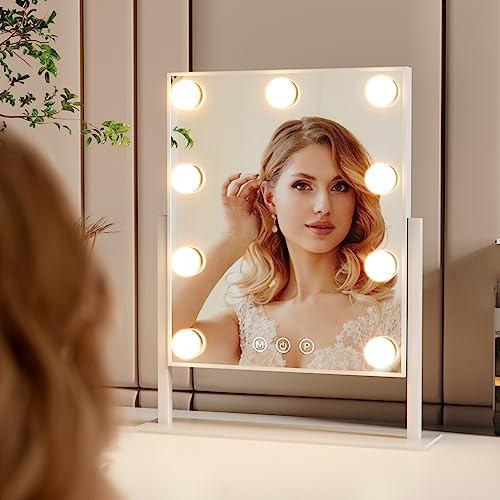 SVIOBY Tabletop Mount Vanity Mirror with Lights Makeup Mirror with with 9 LED Lights Smart Touch Control 3 Colors Light 360° Rotation (White)