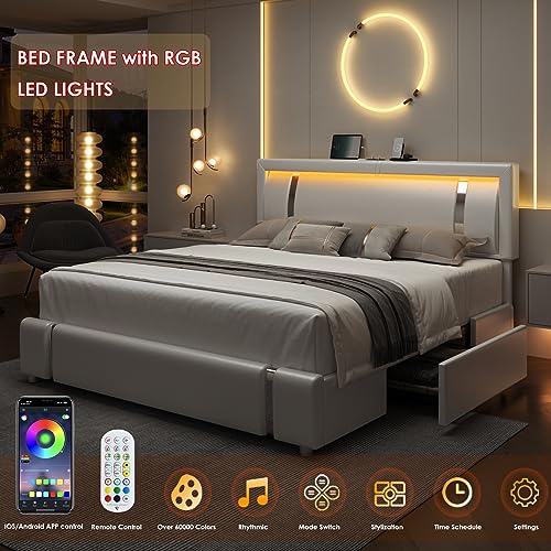 Keyluv King Size Upholstered Platform Bed Frame with RGB LED Lights, 2 Drawers, USB Charging Ports, No Box Spring Needed