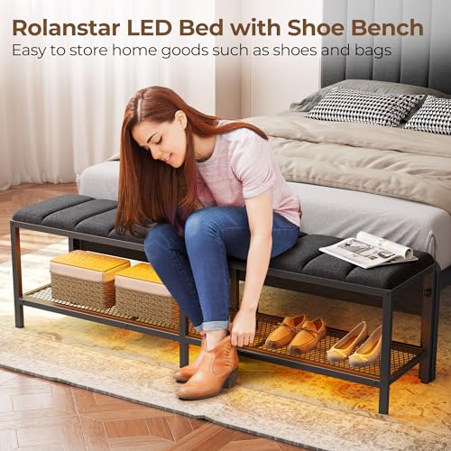 Rolanstar Full Bed Frame with Charging Station & LED Lights, Upholstered Headboard with Storage Shelves, Heavy Duty Metal Slats, No Box Spring Needed, Easy Assembly,Grey