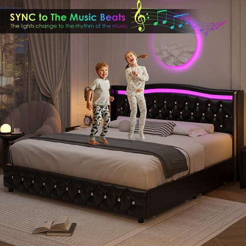 HIFIT King Smart LED Platform Bed Frame with 4 Storage Drawers, Crystal Button-Tufted & Stainless Gold Trim Wingback Headboard, Modern PU Upholstered Black No Box Spring Needed/Easy Assembly