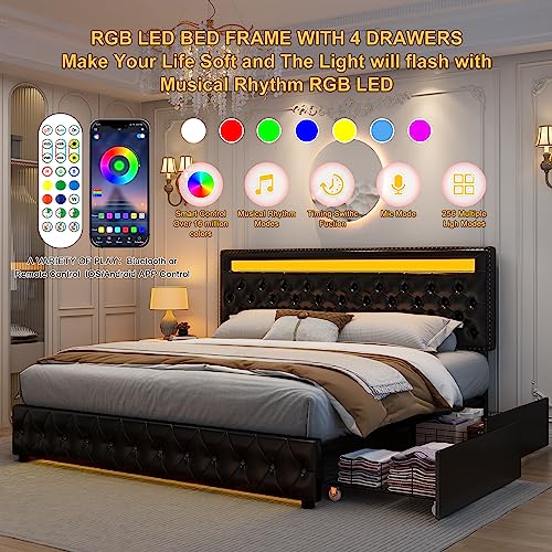 Queen Led Bed Frame with 4 Storage Drawers, with Smart Control RGBW LED Lights Headboard Footboard, Control DIY Color, Box Spring Optional, PU Leather Black