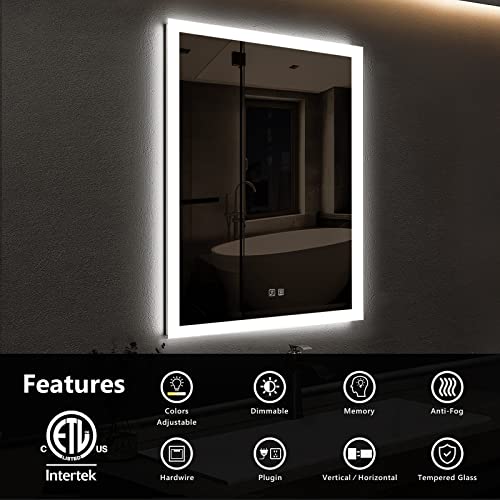 ROOMTEC 24 X 30 inch LED Bathroom Mirror with Adjustable 3-Color Frontlit, Anti-Fog, Smart Memory Function and ETL&UL Certified, Silver