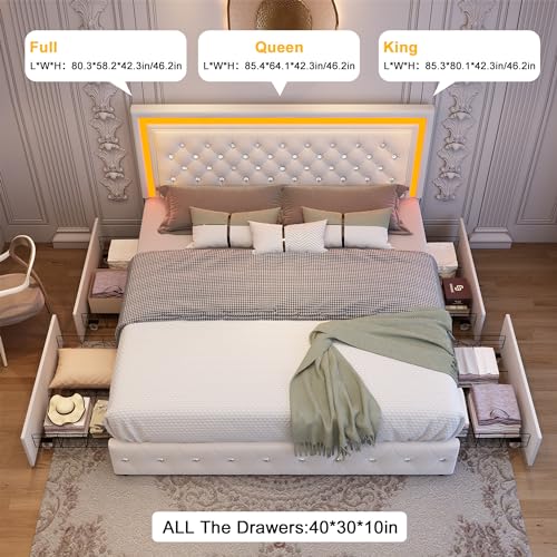 Full LED Bed Frame with 4 Storage Drawers Adjustable Headboard with Smart Control RGBW LED, Whisper-Quiet Design, Upholstered Bed Wood Slats Support, No Box Spring Needed, Velvet Cream