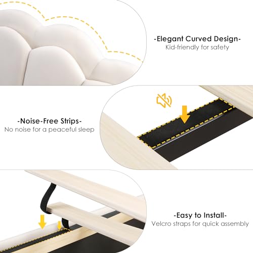 HIFIT Queen Upholstered Smart LED Bed Frame with 2 Storage Drawers & Adjustable Chic Double Petal Headboard, Velvet Princess Platform Bed with Solid Wood Slat/No Box Spring Needed/Easy Assembly, Beige