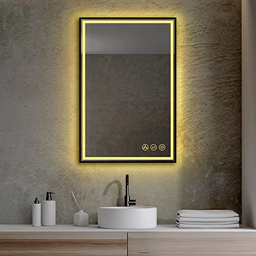 24”x36 Led Bathroom Mirror with Antifog, Dimmer, Adjustable Color Temperature, Smart Bathroom Led Mirror with Black Frame
