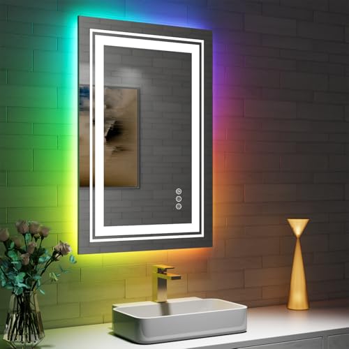 Snowdool 24”X36“ LED Bathroom Mirror with Lights, Anti Fog Mirror with RGB Backlit Mirror Bathroom, Dimmable Smart Lighted Bathroom Vanity Mirror, Horizontal/Vertical (RGB Backlit + Front Light)