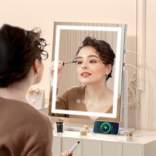 Hasipu Vanity Mirror with Lights, 14" x 18" LED Makeup Mirror, Lightup Mirror with Smart Touch 3 Color Modes and Brightness Adjustment, 10X Magnifying Glass,360° Rotation