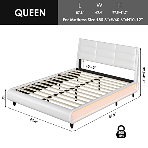 HOSTACK Upholstered Bed Frame with Smart LED, PU Low Profile Sleigh Platform Bed with Adjustable Headboard, Modern Mattress Foundation with Wood Slats, Lights Sync With Music (White, Queen Size)
