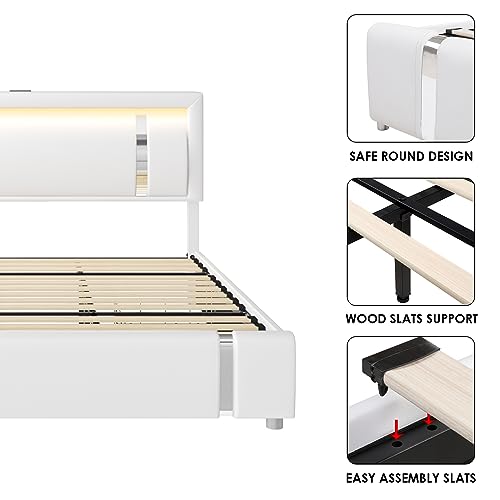 Keyluv King Size Upholstered Platform Bed Frame with RGB LED Lights, 2 Drawers, USB Charging Ports, No Box Spring Needed