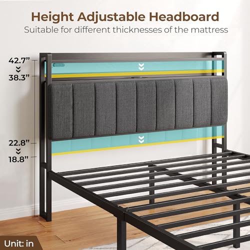 Rolanstar Full Bed Frame with Charging Station & LED Lights, Upholstered Headboard with Storage Shelves, Heavy Duty Metal Slats, No Box Spring Needed, Easy Assembly,Grey