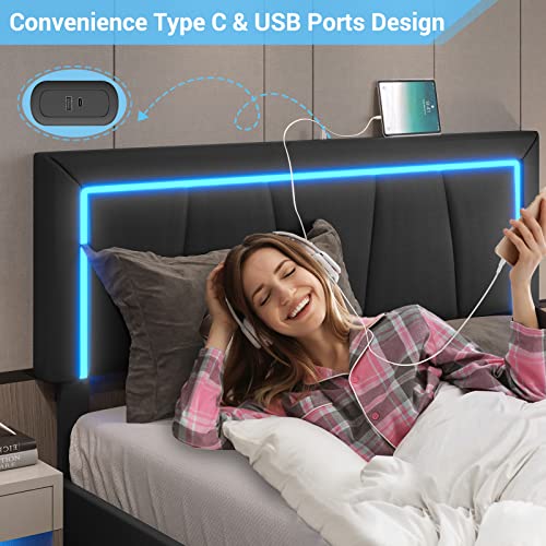 DICTAC Full LED Bed Frame with 4 Drawers and USB Ports Modern Faux Leather Upholstered Platform Bed Frame with Storage and Smart RGB LED Headboard with 3 Side Lights Strip, No Box Spring Needed,Black