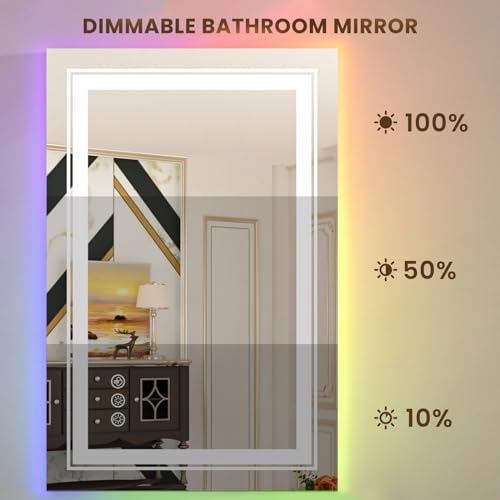 WTTY RGB LED Bathroom Mirror 28"x36" with Backlit and 3 Front Light,Stepless Dimmable LED Mirror for Bathroom,Lighted Bathroom Vanity Mirror for Wall,Anti-Fog,Memory Function,Shatter-Proof