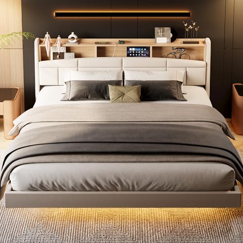 ANCTOR Floating King Bed Frame with Charging Station, Tall Bookcase Headboard, Solid Wood Slats Support, No Box Spring Needed, Easy to Assemble