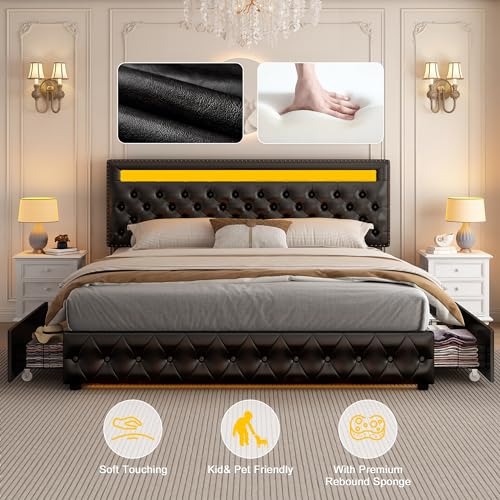 Queen Led Bed Frame with 4 Storage Drawers, with Smart Control RGBW LED Lights Headboard Footboard, Control DIY Color, Box Spring Optional, PU Leather Black