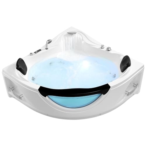 Corner Whirlpool Tub,Empava 2 Person Whirlpool Bathtub,Corner Jetted Bathtub with Heater,Corner Jetted Tub with Light,Spa Bath tub with 10 Jets,Hydro Massage Tub with Chromatherapy,LED Control Panel